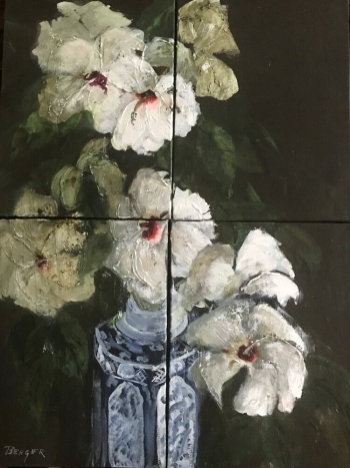 White hibiscus in blue vase